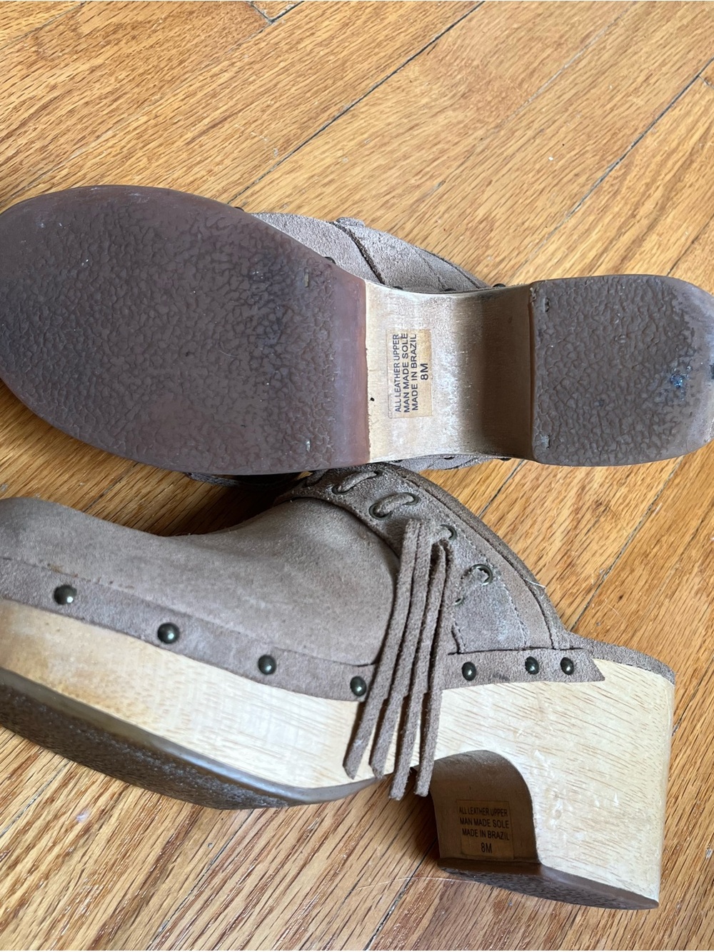 2000s Suede Taupe Clog Mules with Stud and Tassel Detail - Picture 7 of 7